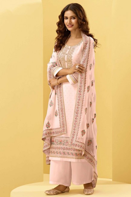 Pink Embroidered Palazzo Suit in Georgette