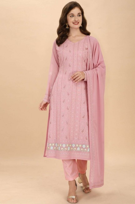 Embroidered Georgette Salwar Kameez in Pink with Dupatta
