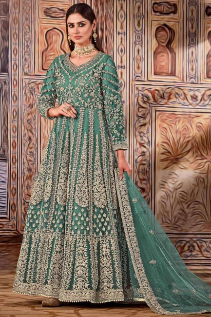 Net Anarkali Suit in Green with Embroidered