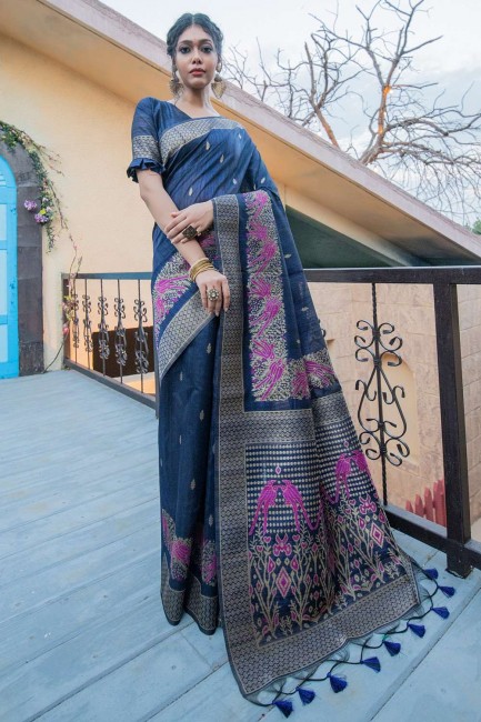 Blue Saree with Weaving Tussar silk