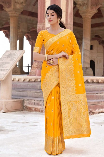 Yellow Wedding Saree in Silk with Weaving