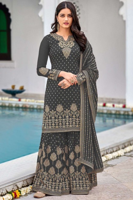 Faux georgette Palazzo Suit in Grey with Embroidered