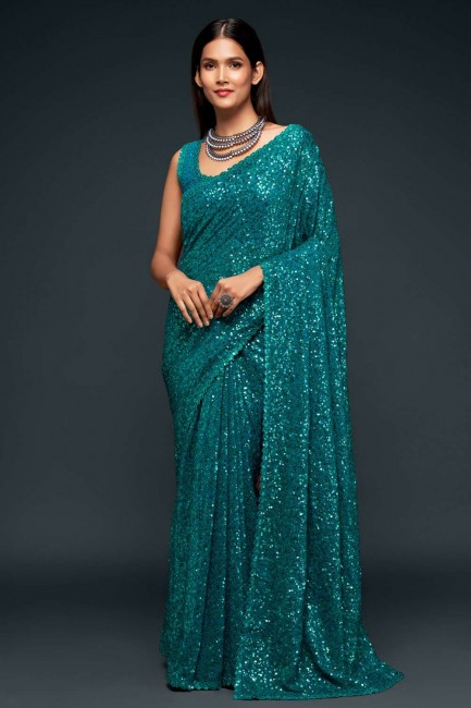 Embroidered Party Wear Saree in Teal blue Georgette
