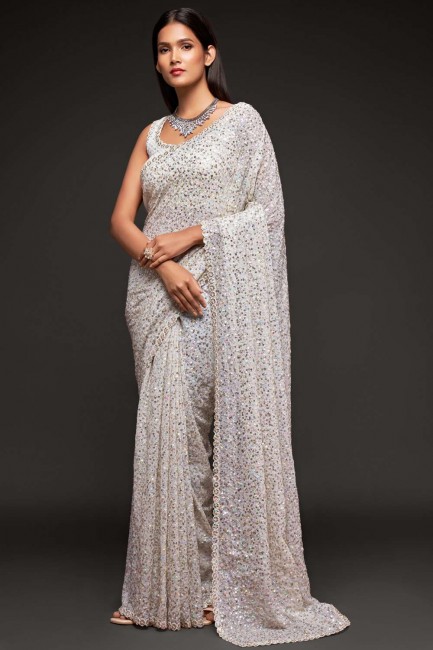 Pearl white Party Wear Saree with Embroidered Georgette