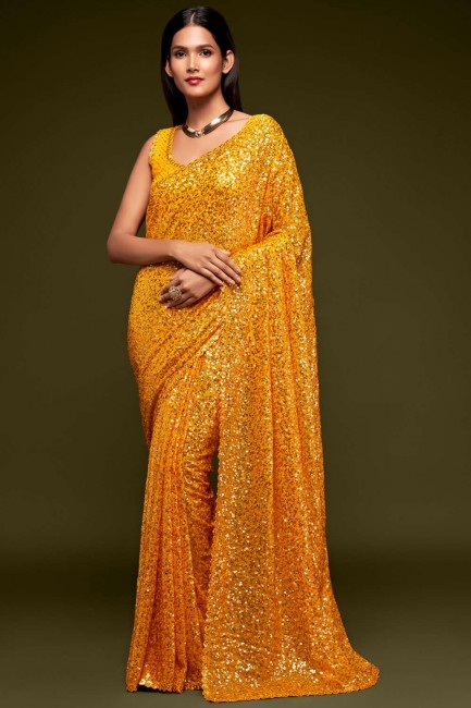 Yellow Georgette Party Wear Saree with Embroidered