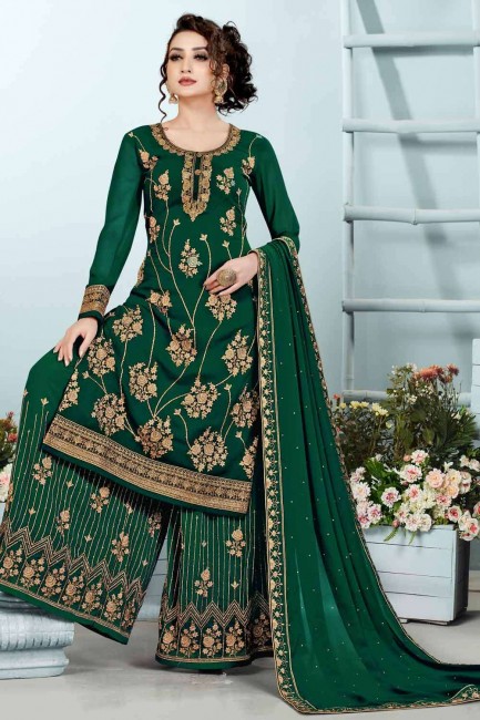Green Embroidered hand work Georgette Palazzo Suit