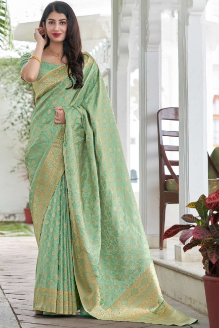 Weaving Silk South Indian Saree in Green with Blouse