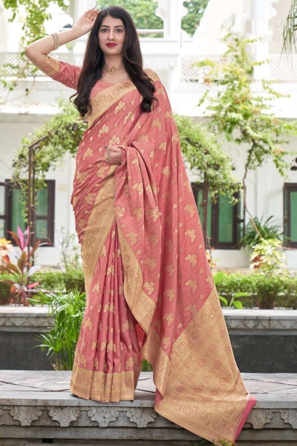 Peach South Indian Saree with Weaving work Silk