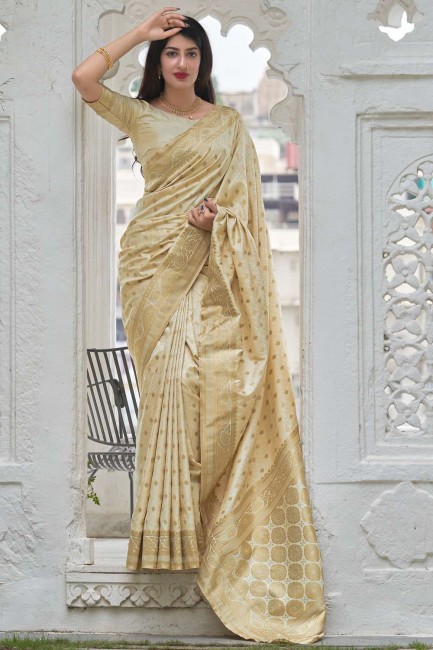 South Indian Saree in Off white Silk with Weaving