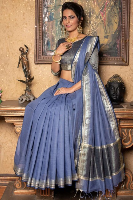 Linen and silk Saree in Blue with Weaving
