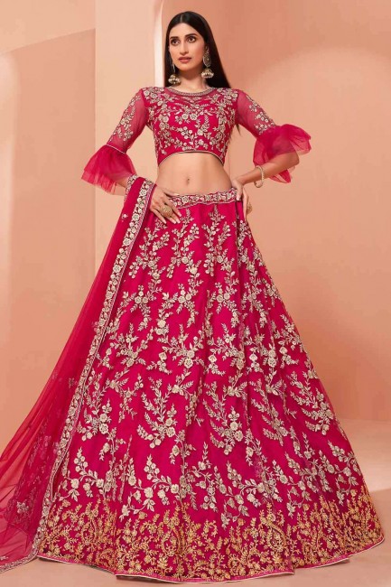 Thread Net Wedding Lehenga Choli in Pink with Dupatta