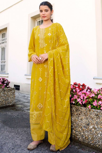 Georgette Eid Salwar Kameez in Mustard  with Embroidered