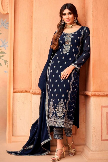 Blue Eid Salwar Kameez in Faux georgette with Embroidered