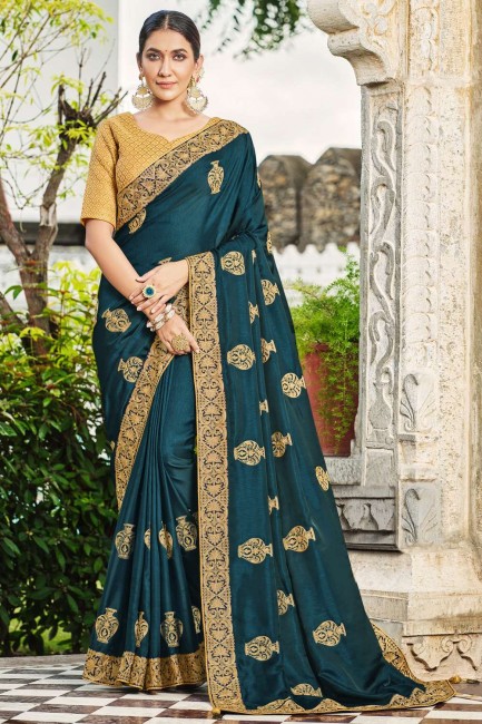 Embroidered Art silk Blue South Indian Saree with Blouse
