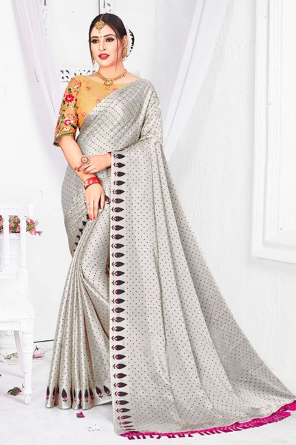 Grey Saree with Embroidered,printed Moss Chiffon