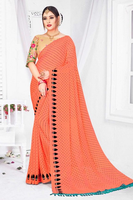 Peach Saree in Chiffon with Embroidered,printed