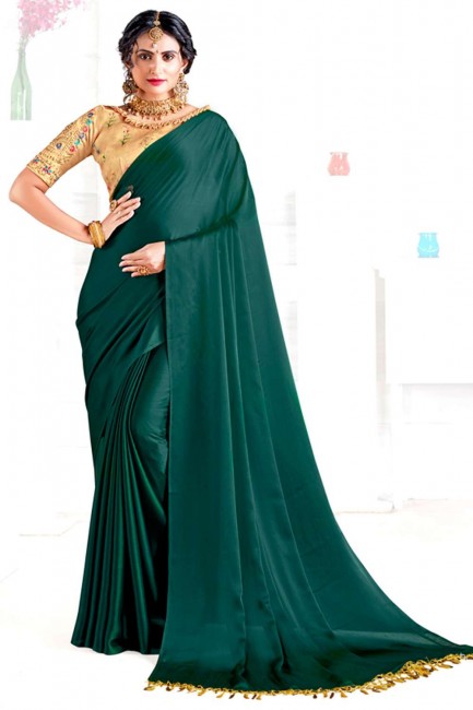 Satin georgette Saree in Green with Embroidered,printed