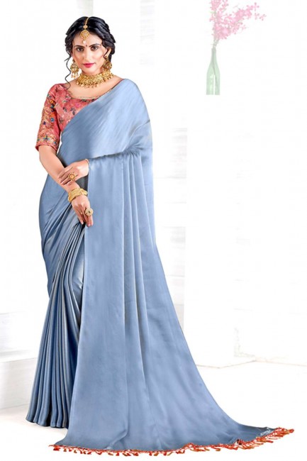 Satin georgette Embroidered,printed Grey Saree with Blouse