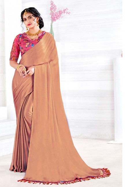 Embroidered,printed Satin georgette Saree in Brown with Blouse