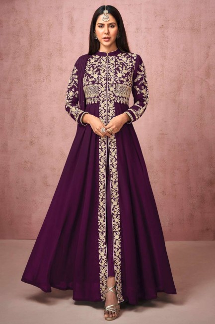 Georgette Anarkali Suit in Purple with Embroidered