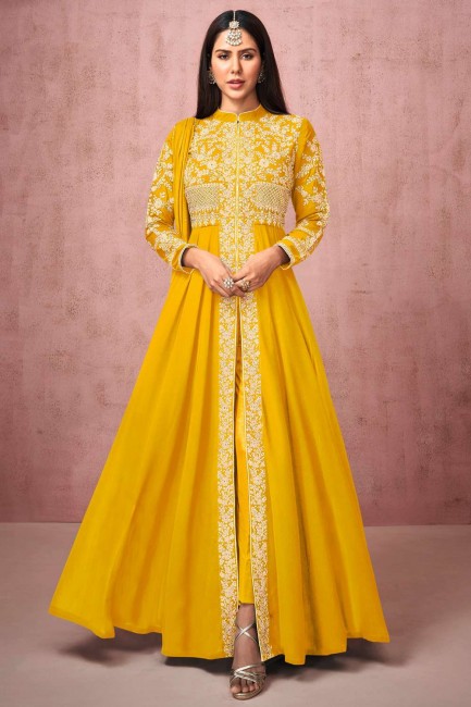Yellow Anarkali Suit with Embroidered Georgette