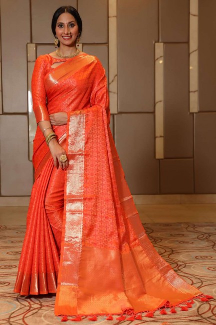 Banarasi silk Saree in Orange with Weaving