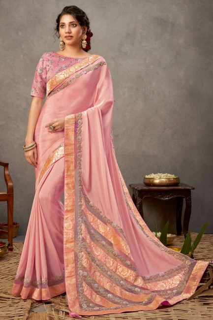 Peach Satin and silk Saree with Resham,embroidered