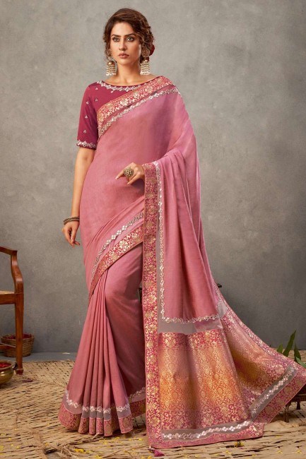 Pink Resham,mirror,embroidered Saree in Tussar silk