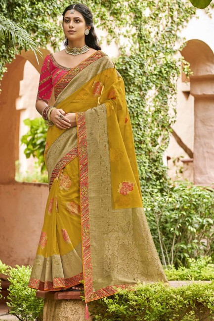 Mustard Embroidered,weaving Tissue and organza Saree
