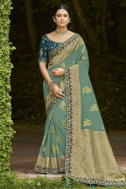 Tissue and organza Embroidered,weaving Teal  Saree with Blouse