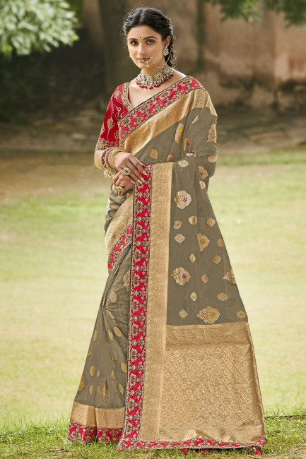 Grey Tissue and organza Saree with Embroidered,weaving Border,Blouse Work