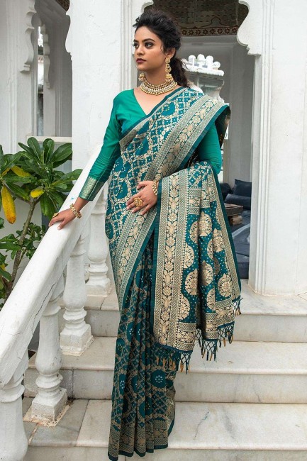 Rama green Saree in Weaving Banarasi silk