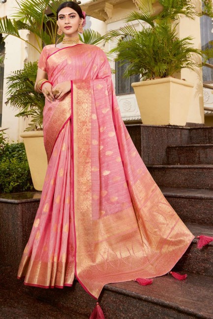 Zari,weaving Silk Saree in Pink