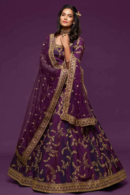 Thread Art silk Wedding Lehenga Choli in Purple with Dupatta