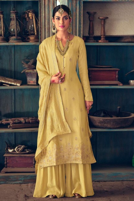 Yellow Salwar Kameez in Jacquard and muslin with Embroidered