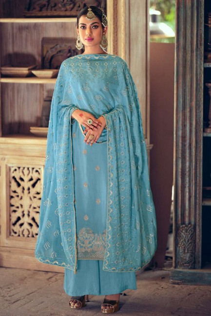 Blue Jacquard and muslin Embroidered Salwar Kameez with Dupatta
