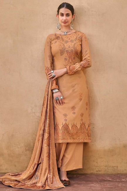 Pashmina Palazzo Suit with Digital print in Rust