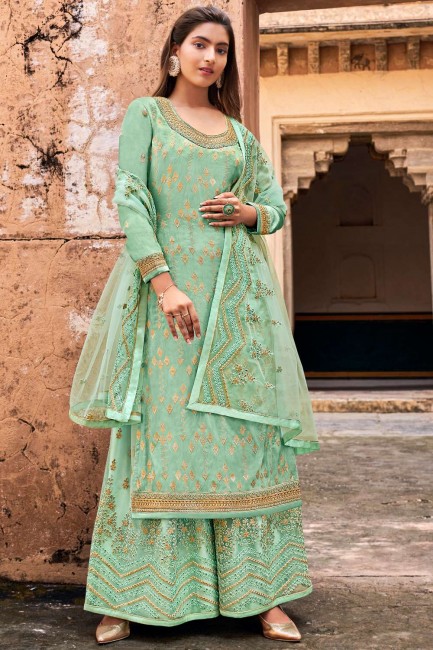Sea green Jacquard Embroidered Palazzo Suit with Dupatta