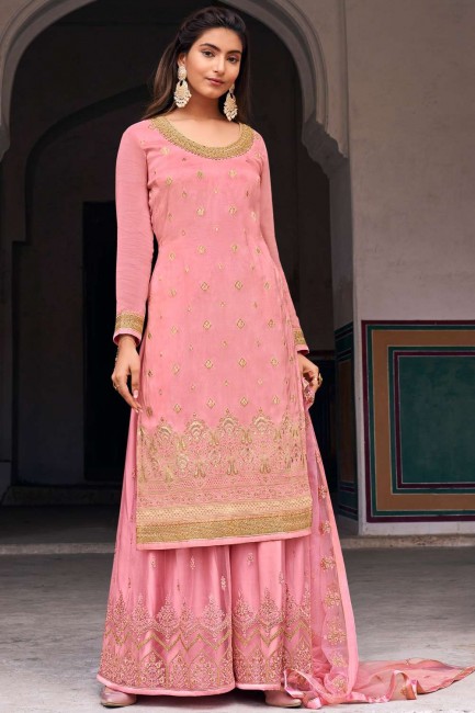 Pink Embroidered Palazzo Suit in Jacquard