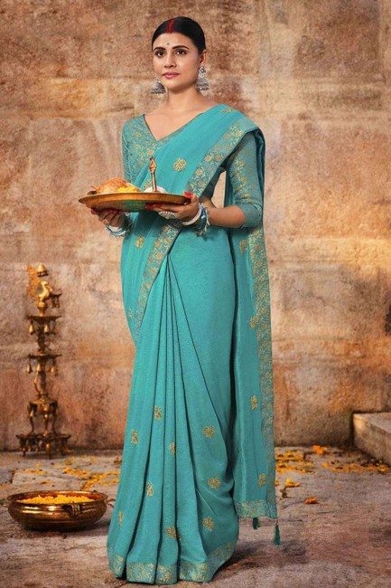 Zari,embroidered Silk Saree in Blue with Blouse