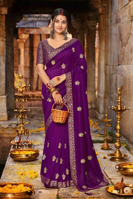 Zari,embroidered Silk Purple Saree with Blouse