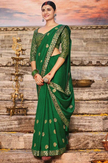 Zari,embroidered Silk Saree in Green with Blouse