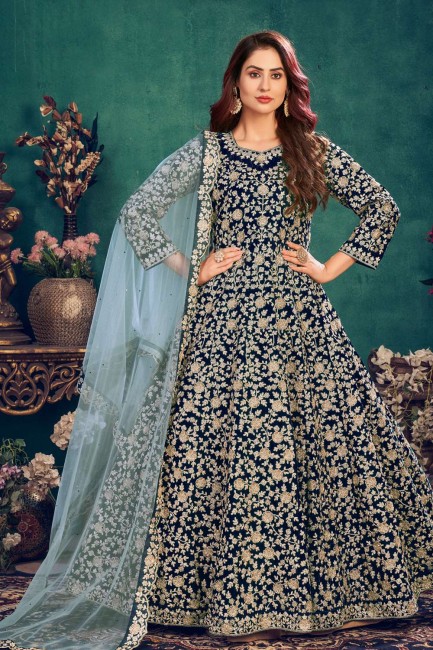 Blue Anarkali Suit in Velvet with Embroidered