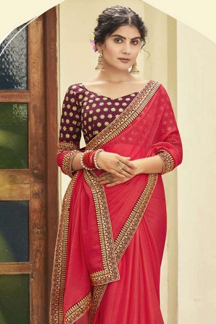 Pink Saree in Chiffon with Embroidered