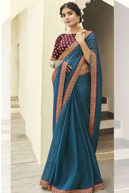 Chiffon Teal blue Saree in Embroidered