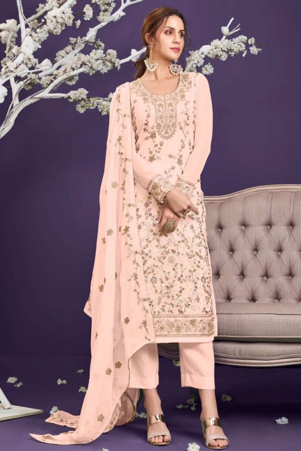 Salwar Kameez with Embroidered in Peach Georgette