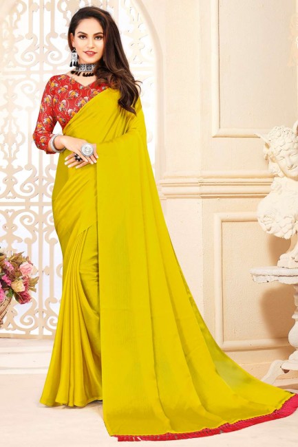 Satin and silk Saree in Yellow,green with Plain