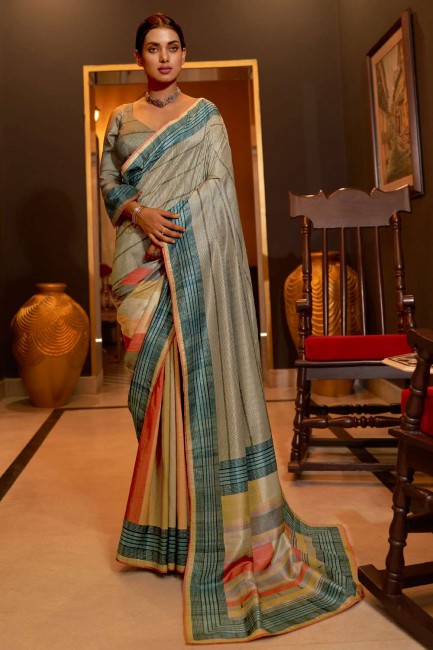 Saree in Grey Silk with Weaving,digital print South Indian