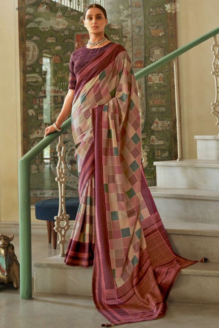 Silk South Indian Saree with Weaving,digital print in Beige