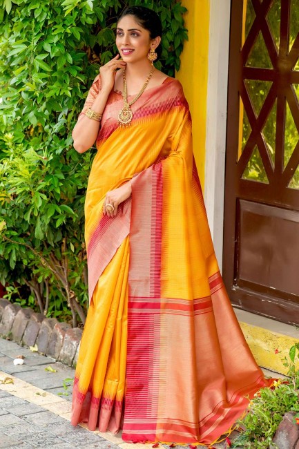 South Indian Saree in Yellow Cotton with Zari